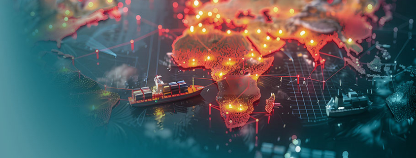 Futuristische Darstellung einer geopolitischen Weltkarte mit globalen Lieferketten. Visualisierung globaler Handelsrouten mit Frachtschiffen und vernetzten Knotenpunkten.