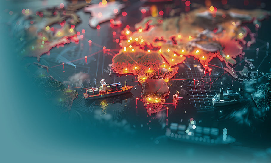 Futuristische Darstellung einer geopolitischen Weltkarte mit globalen Lieferketten. Visualisierung globaler Handelsrouten mit Frachtschiffen und vernetzten Knotenpunkten.