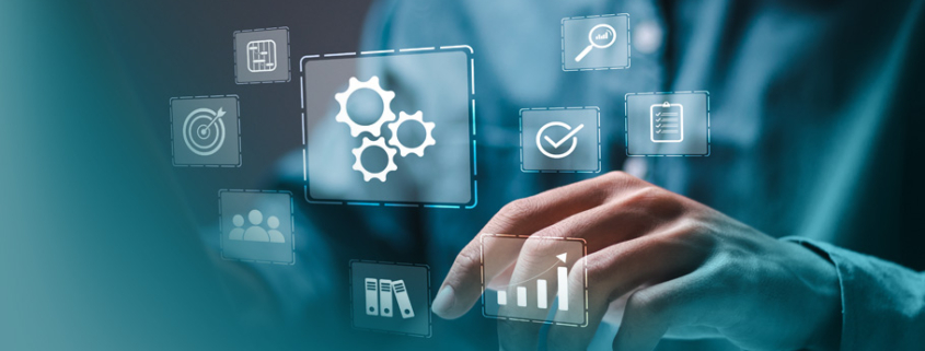 Einkaufscontrolling: Digitale Transformation im Einkauf, dargestellt durch schwebende Icons für KPIs, Teamarbeit und Prozessoptimierung am Arbeitsplatz.