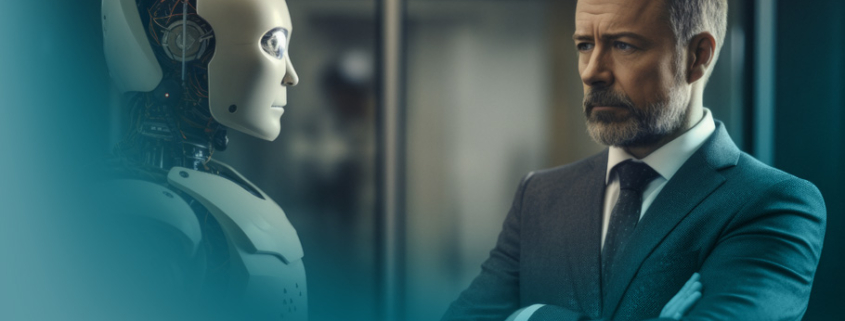 Künstliche Intelligenz vs. Human Resources: Die Gegenüberstellung eines KI-Roboters und eines erfahrenen Personalmanagers visualisiert den HR-Wandel.