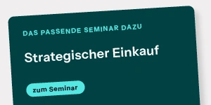 Dunkeltürkises Banner mit weißem Text „Strategischer Einkauf“ und hellblauem Button „zum Seminar“ auf grauem Grund.